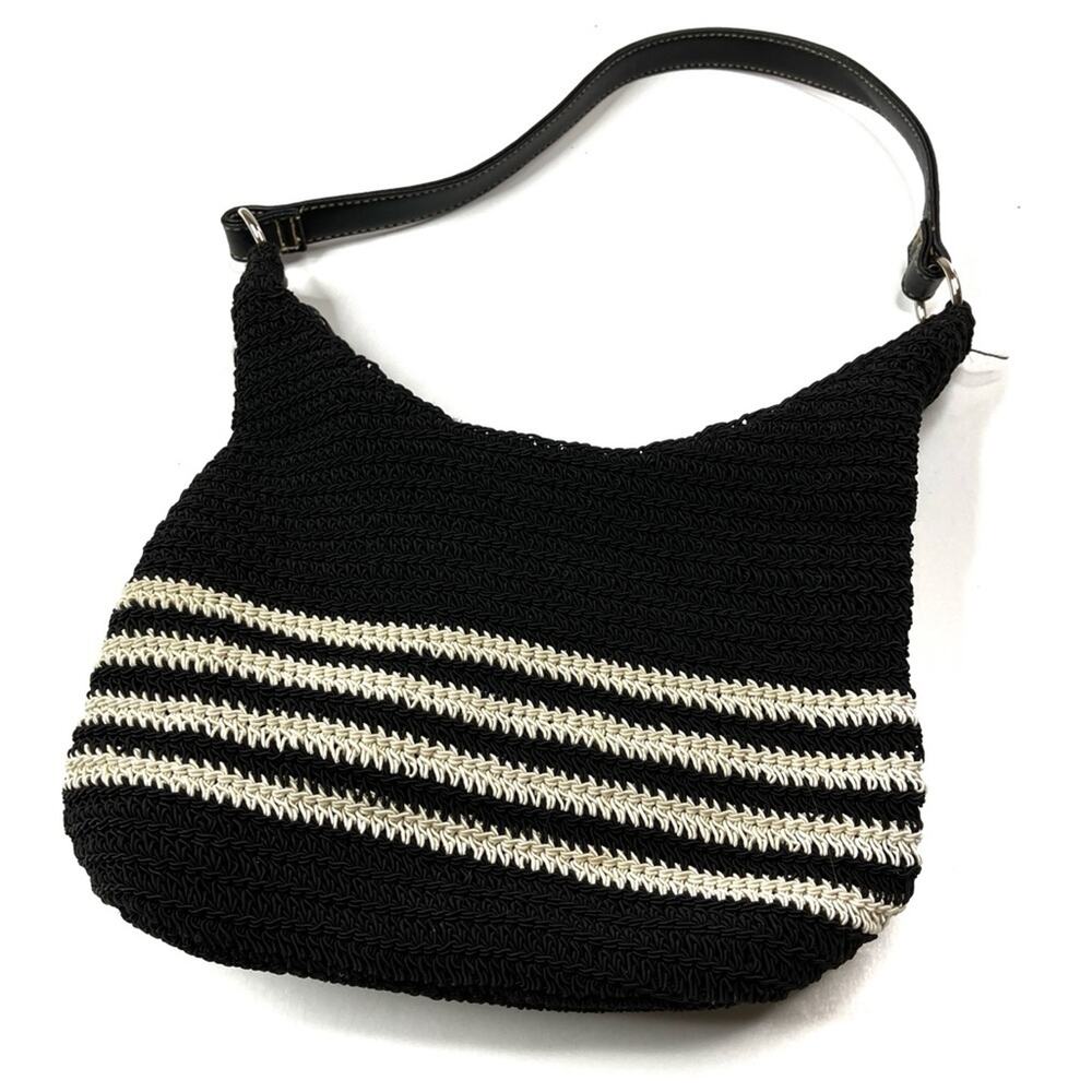 Black Woven Beige Stripe Summer Shoulder Bag Zip Pocket